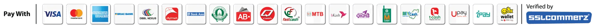 Pay with — accepted payment methods, verified by SSLCommerz